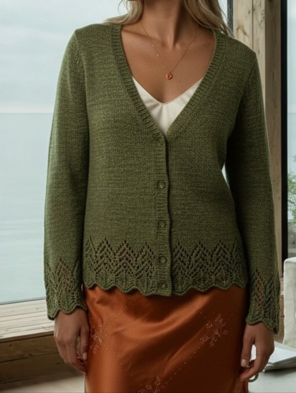 BCBGMaxAzria Forest Green Lace Knit Scalloped Cardigan
